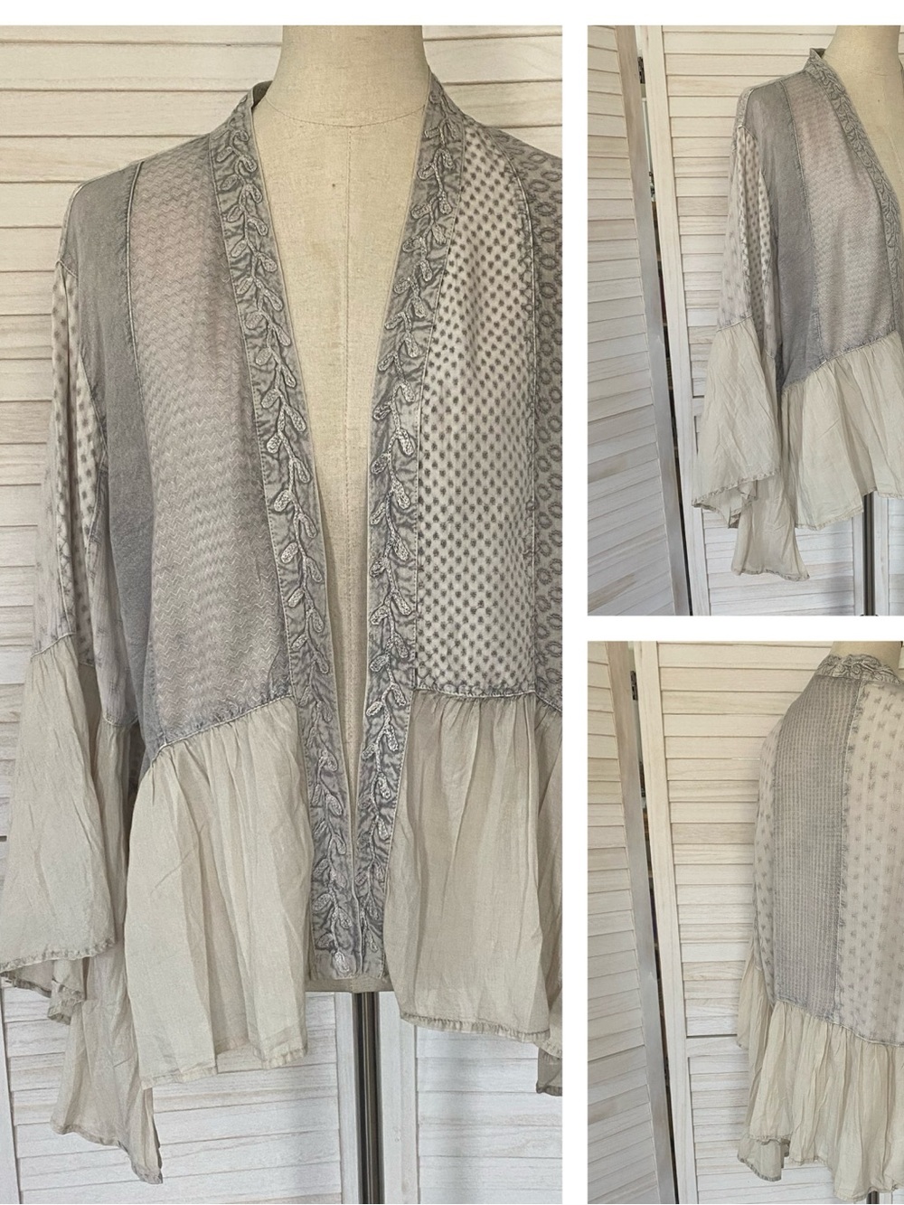 Young Threads Boho  Embroidered Grey Open-Front Ruffle Cardigan SZ XL NWT